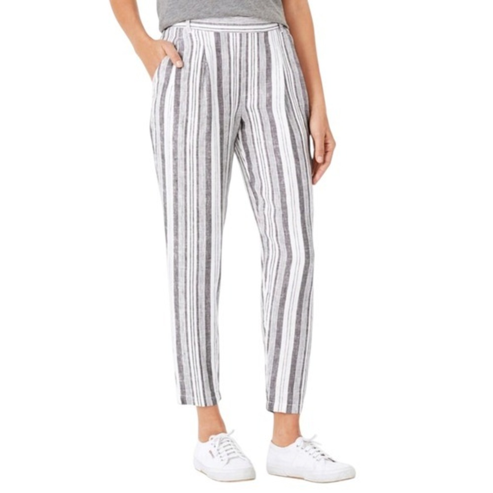 Garnet Hill Linen Pleated‎ Trousers Ankle Pants Womens 10 Stripes Resort Relaxed